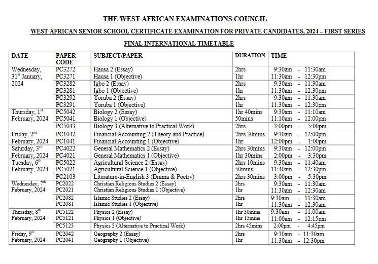 WAEC GCE 2024 First Series CBT Timetable Download 